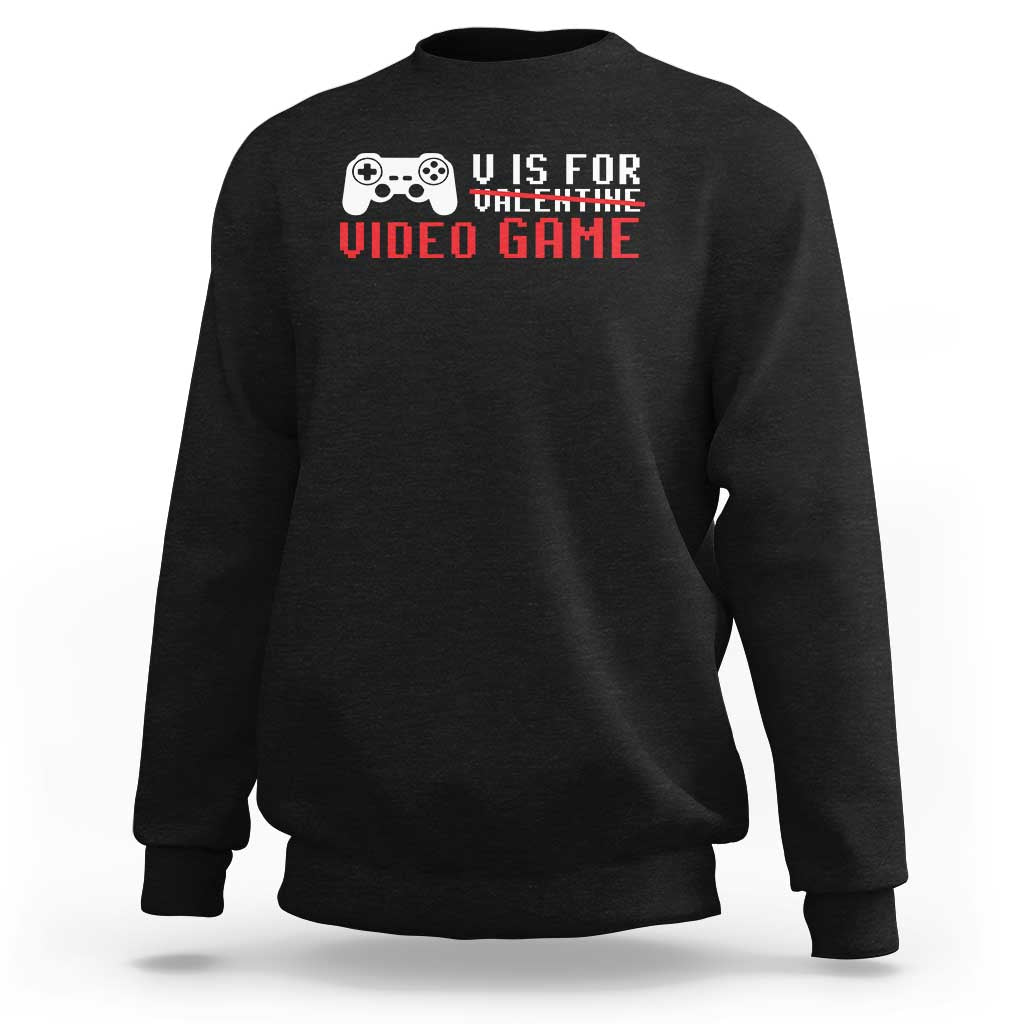 Black crewneck sweatshirt with 'U IS FOR VIDEO GAME' gamer graphic