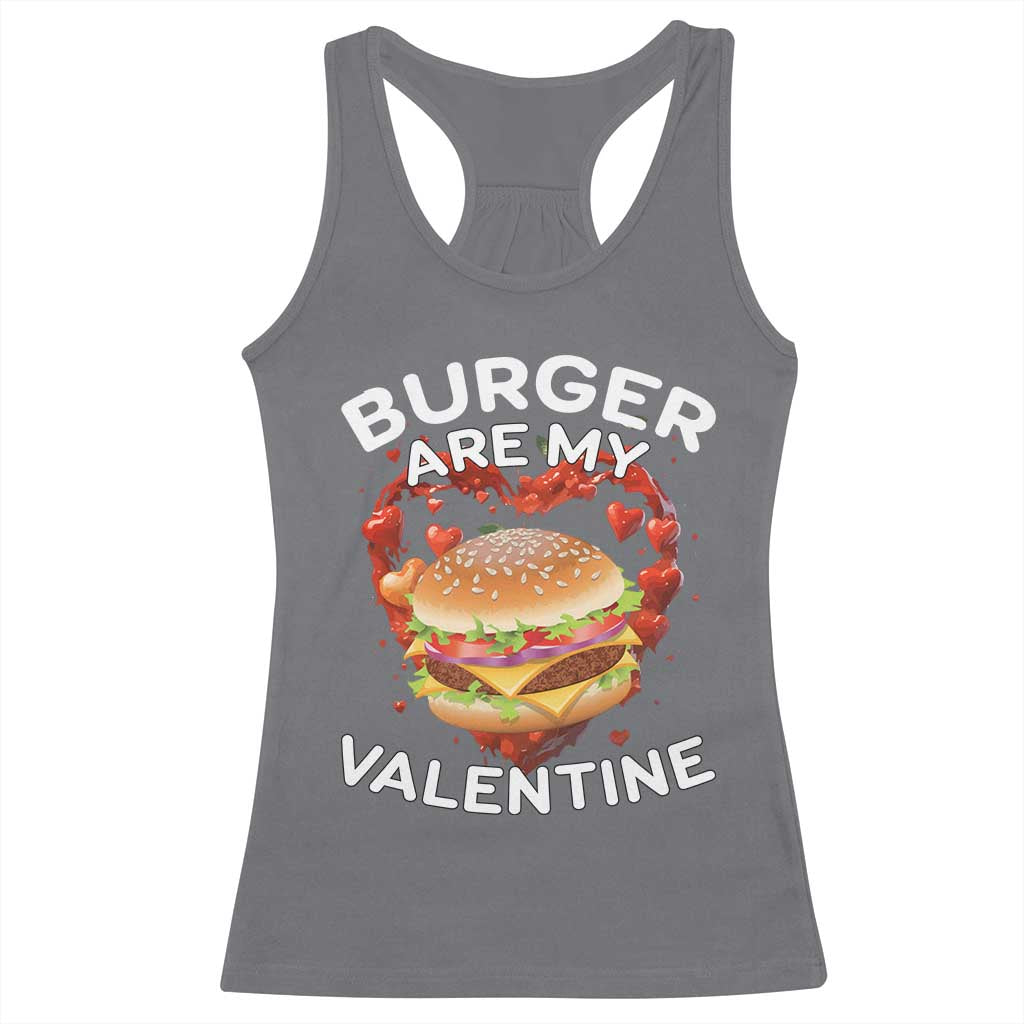 Charcoal racerback tank top with burger graphic and 'BURGER ARE MY VALENTINE'