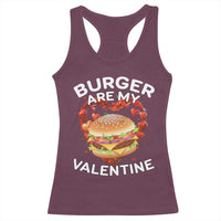 Maroon racerback tank top with burger graphic and 'BURGER ARE MY VALENTINE'