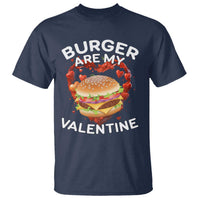 Navy valentine T-shirt with burger graphic and “BURGER ARE MY VALENTINE” print