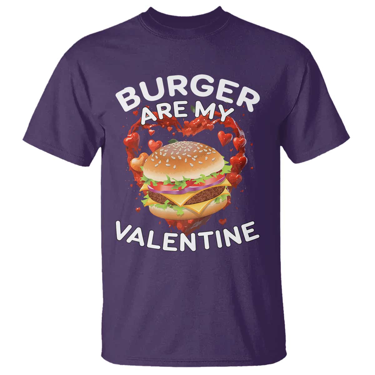 Purple valentine T-shirt with burger graphic and “BURGER ARE MY VALENTINE” print