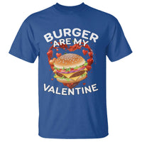 Royal blue valentine T-shirt with burger graphic and “BURGER ARE MY VALENTINE” print