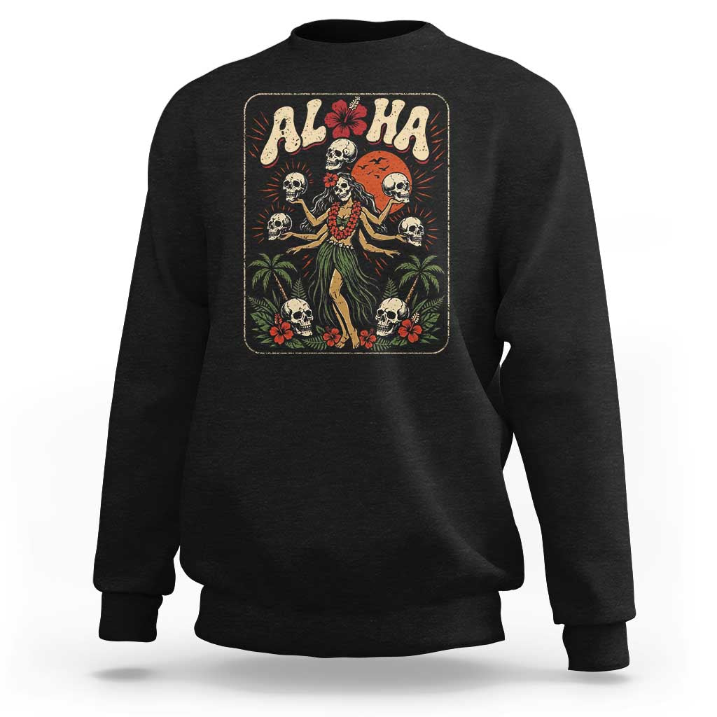 Aloha Skull Sweatshirt Hibiscus Flower Hula Dancer Dark Tropical Beach Gothic Hawaiian Vibe