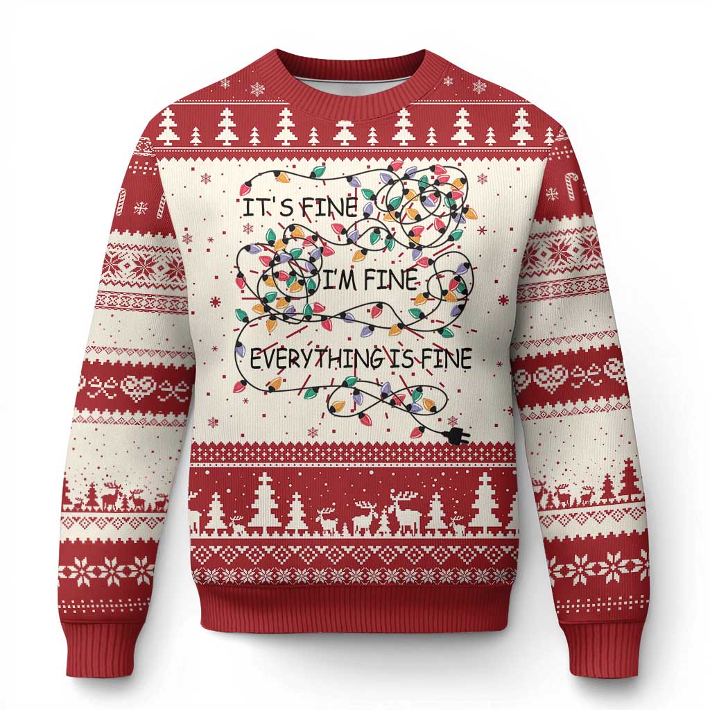 Red ugly Christmas sweater with tree border and "It's fine" graphic
