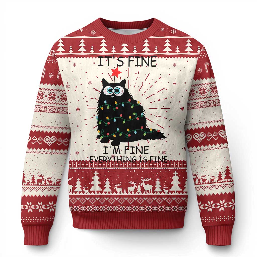 Red and cream Christmas sweater with cat graphic, 'It's Fine' text, long sleeves