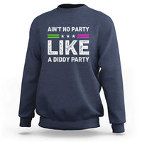 Navy crewneck sweatshirt with 'LIKE' party slogan graphic on front