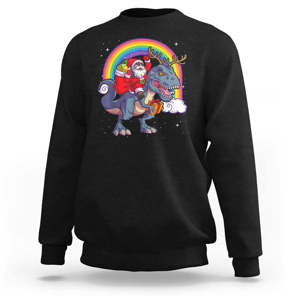 Black crewneck sweatshirt with Santa riding a dinosaur-deer rainbow graphic
