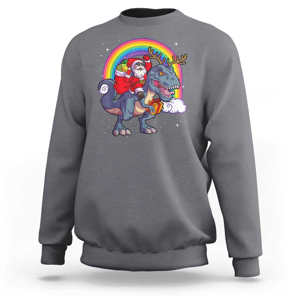 Charcoal gray crewneck sweatshirt with Santa riding a dinosaur-deer rainbow graphic