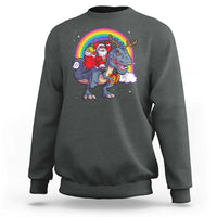 Dark heather gray crewneck sweatshirt with Santa riding a dinosaur-deer rainbow graphic