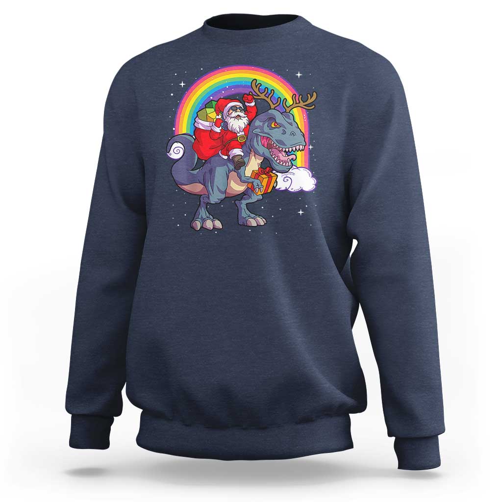 Navy crewneck sweatshirt with Santa riding a dinosaur-deer rainbow graphic