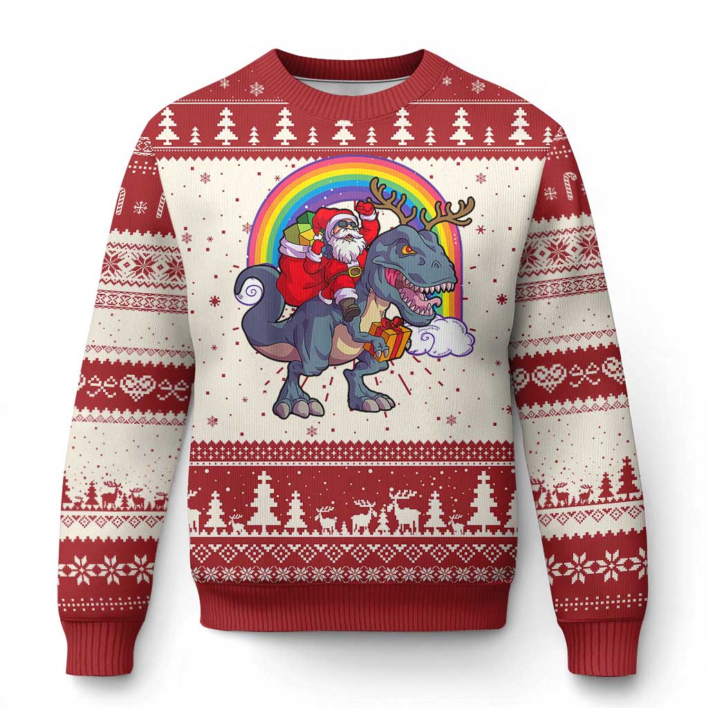 Red ugly Christmas sweater with Santa riding a gray dinosaur and festive border knit