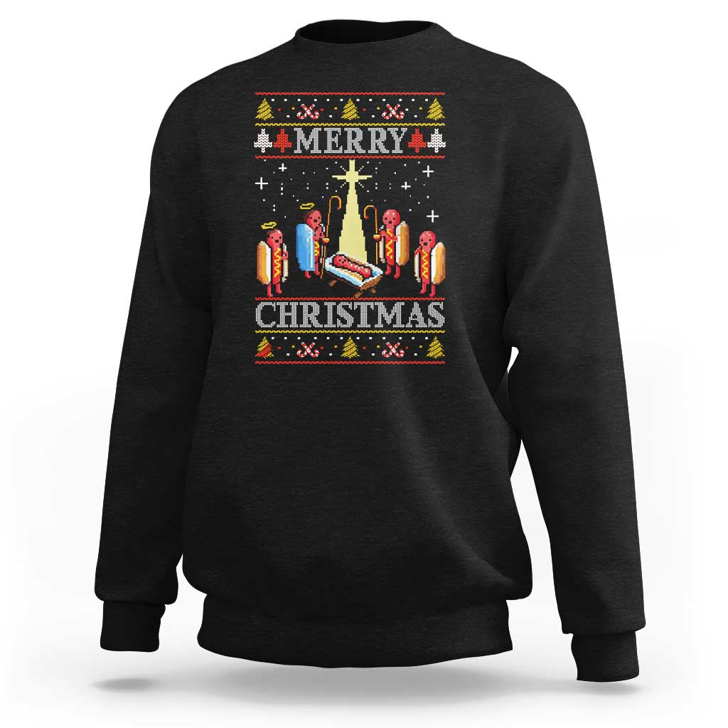 Black crewneck Christmas sweatshirt with colorful "Merry Christmas" lights graphic