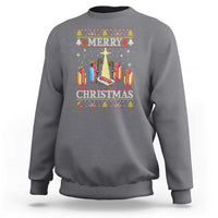 Charcoal crewneck Christmas sweatshirt with colorful "Merry Christmas" lights graphic