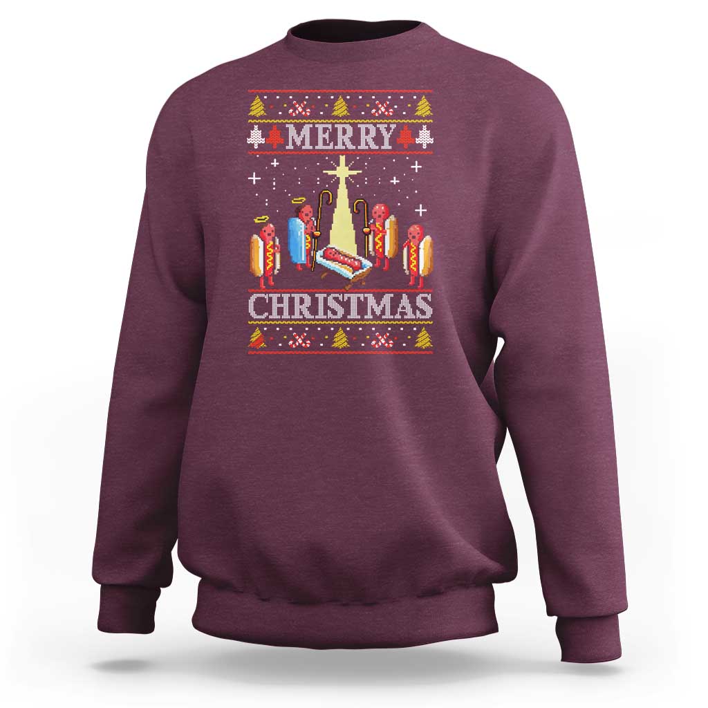 Maroon crewneck Christmas sweatshirt with colorful "Merry Christmas" lights graphic