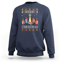 Navy crewneck Christmas sweatshirt with colorful "Merry Christmas" lights graphic