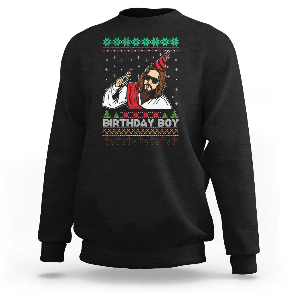 Black ugly Christmas sweatshirt with “Birthday Boy” Jesus graphic