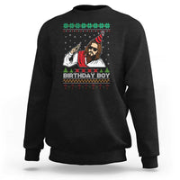Black ugly Christmas sweatshirt with “Birthday Boy” Jesus graphic
