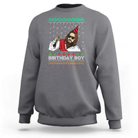 Charcoal ugly Christmas sweatshirt with “Birthday Boy” Jesus graphic