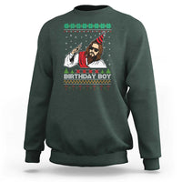 Dark forest green ugly Christmas sweatshirt with “Birthday Boy” Jesus graphic