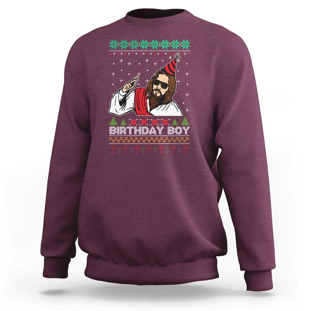 Maroon ugly Christmas sweatshirt with “Birthday Boy” Jesus graphic