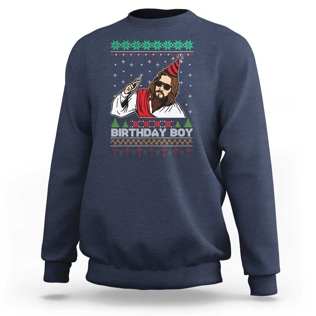 Navy ugly Christmas sweatshirt with “Birthday Boy” Jesus graphic