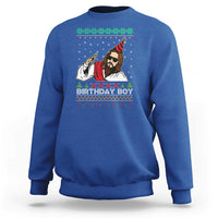 Royal blue ugly Christmas sweatshirt with “Birthday Boy” Jesus graphic