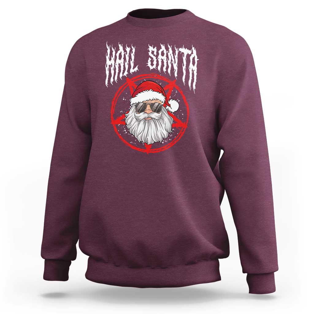 Maroon crewneck sweatshirt with “Hail Santa” graphic, red circle, and skull Santa illustration