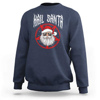 Navy crewneck sweatshirt with “Hail Santa” graphic, red circle, and skull Santa illustration