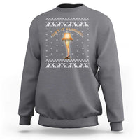 Dark heather crewneck sweatshirt with festive “glorious” leg lamp graphic and white knit pattern