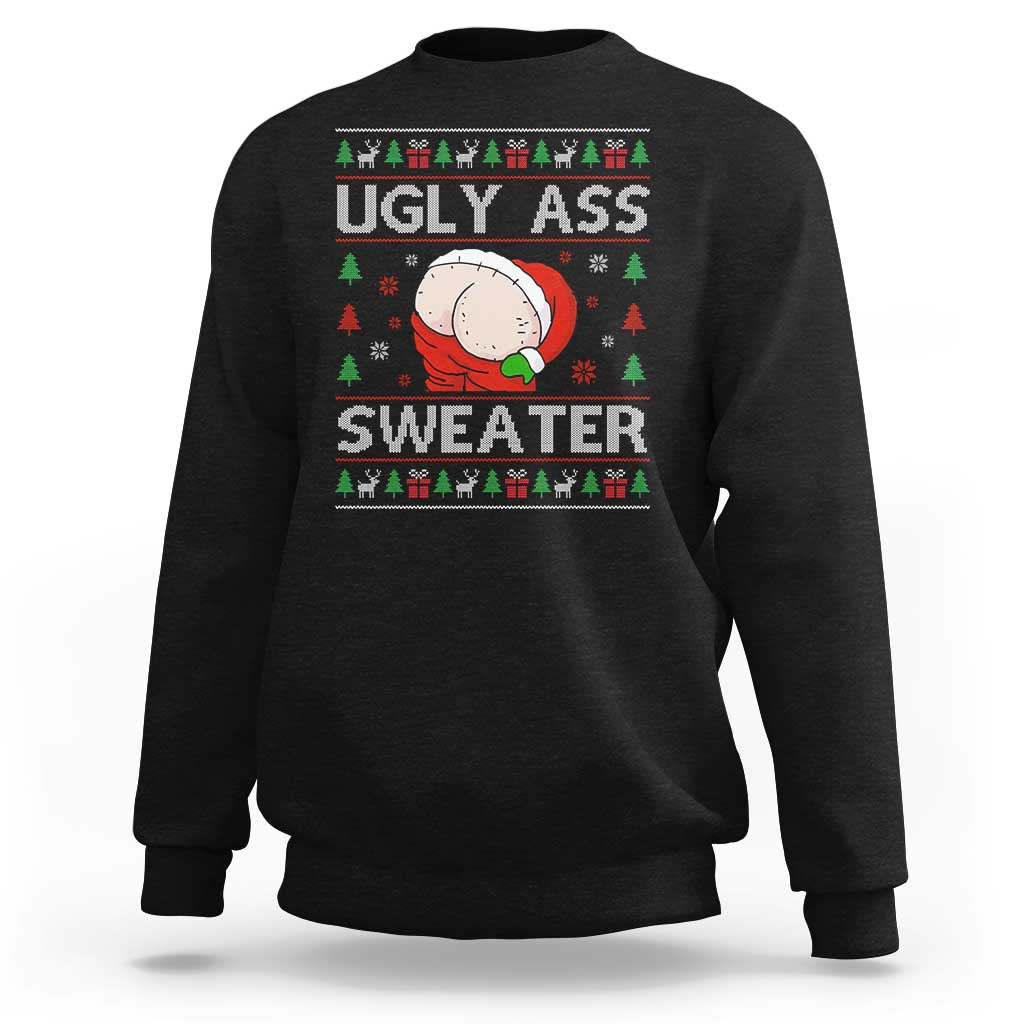 Black crewneck sweatshirt with Santa-themed graphic and 'UGLY ASS SWEATER' text, long sleeves