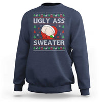 Navy crewneck sweatshirt with Santa-themed graphic and 'UGLY ASS SWEATER' text