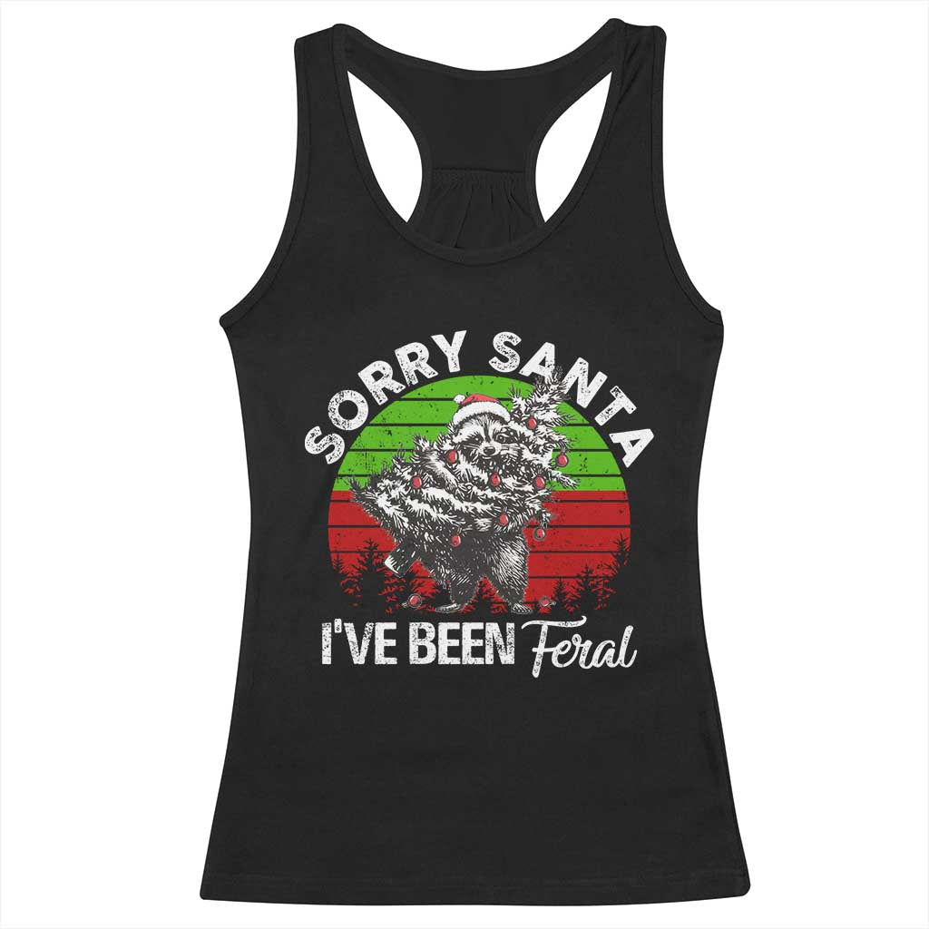 Raccoon Christmas Racerback Tank Top Sorry Santa I've Been Feral Retro Xmas Tree