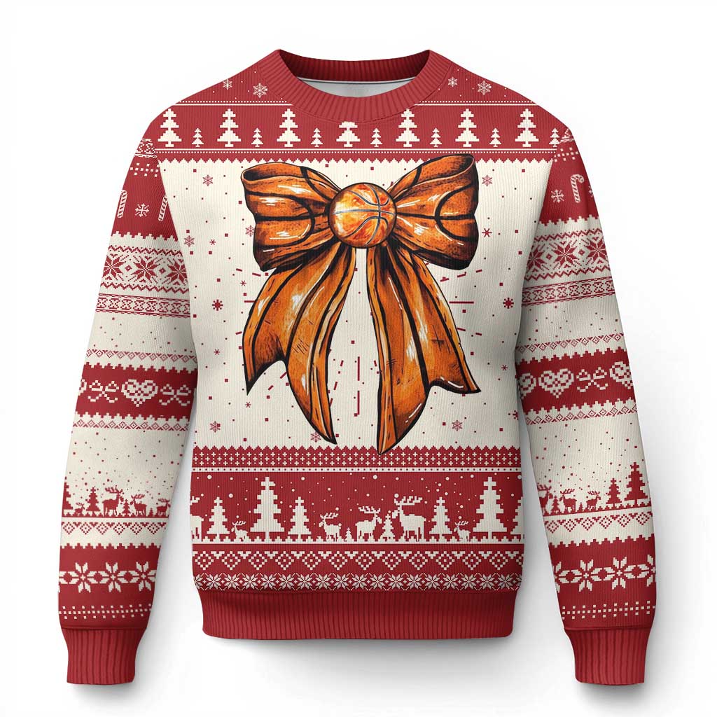 Red and white ugly Christmas sweater with large orange bow graphic and tree fair isle pattern