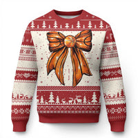 Red and white ugly Christmas sweater with large orange bow graphic and tree fair isle pattern