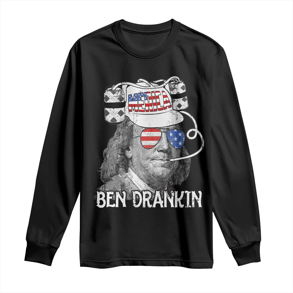 4th of July Ben Drankin Long Sleeve Shirt Funny Benjamin Franklin USA Flag - Wonder Print Shop