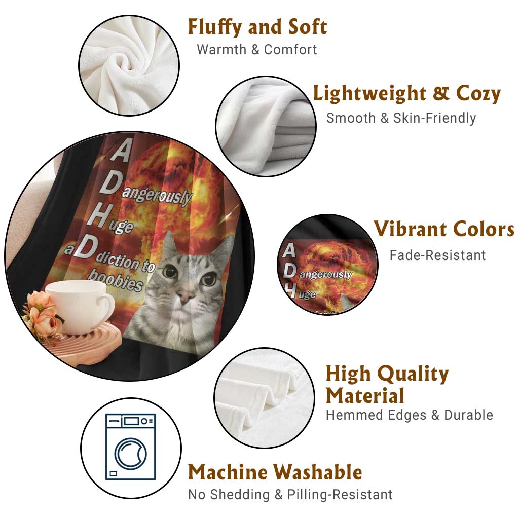 ADHD Cat Meme Throw Blanket Funny Kitty Flames Neurodivergent Gen Z - Wonder Print Shop