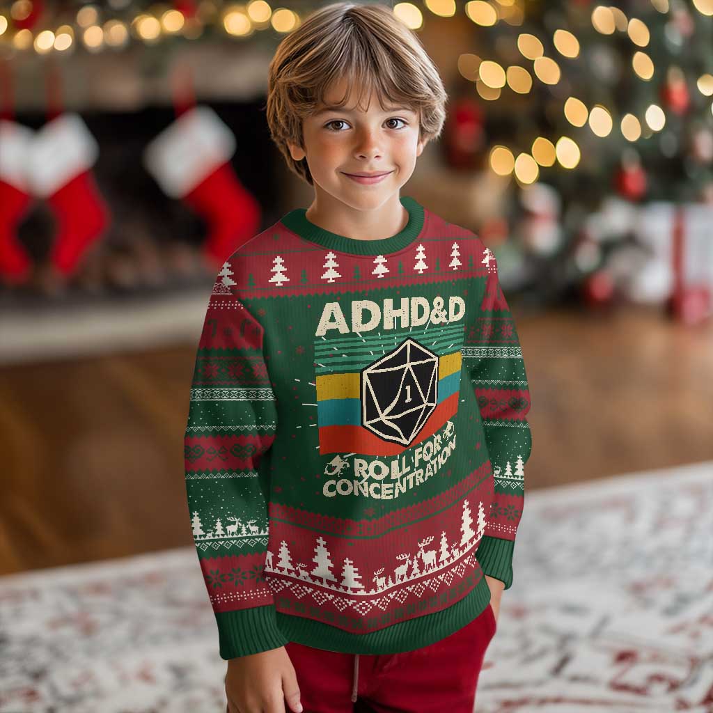ADHD&D Roll for Concentration Knitted Sweatshirt Retro 90s ADHD Roll For Concentration Funny Gamer - Wonder Print Shop