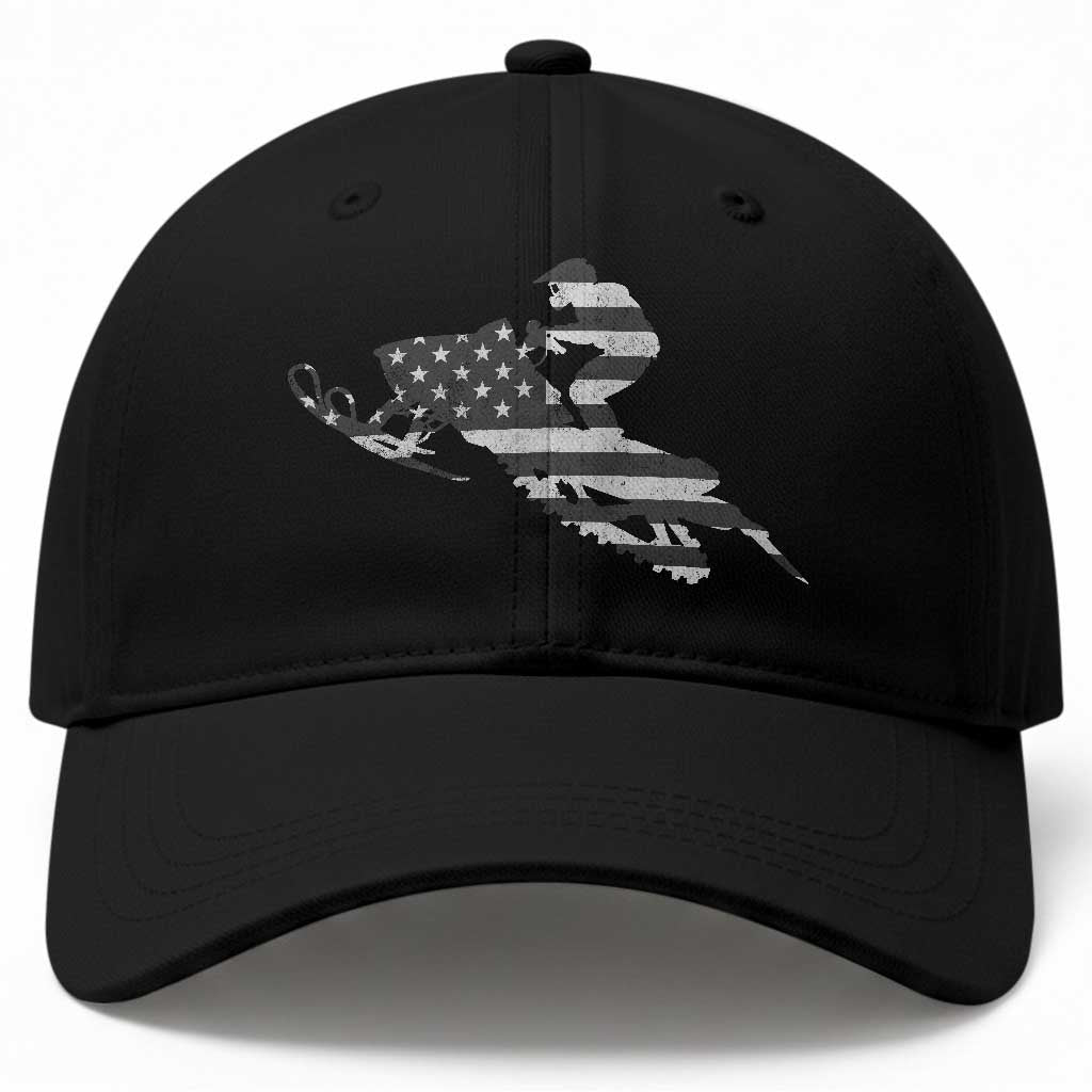 Patriotic Snowmobile USA Flag Baseball Cap Vintage Snowmobiling Outdoor Adventure Aesthetic
