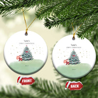 Personalized round baby’s first Christmas ornaments (front and back) with tree and Name’s, 2024