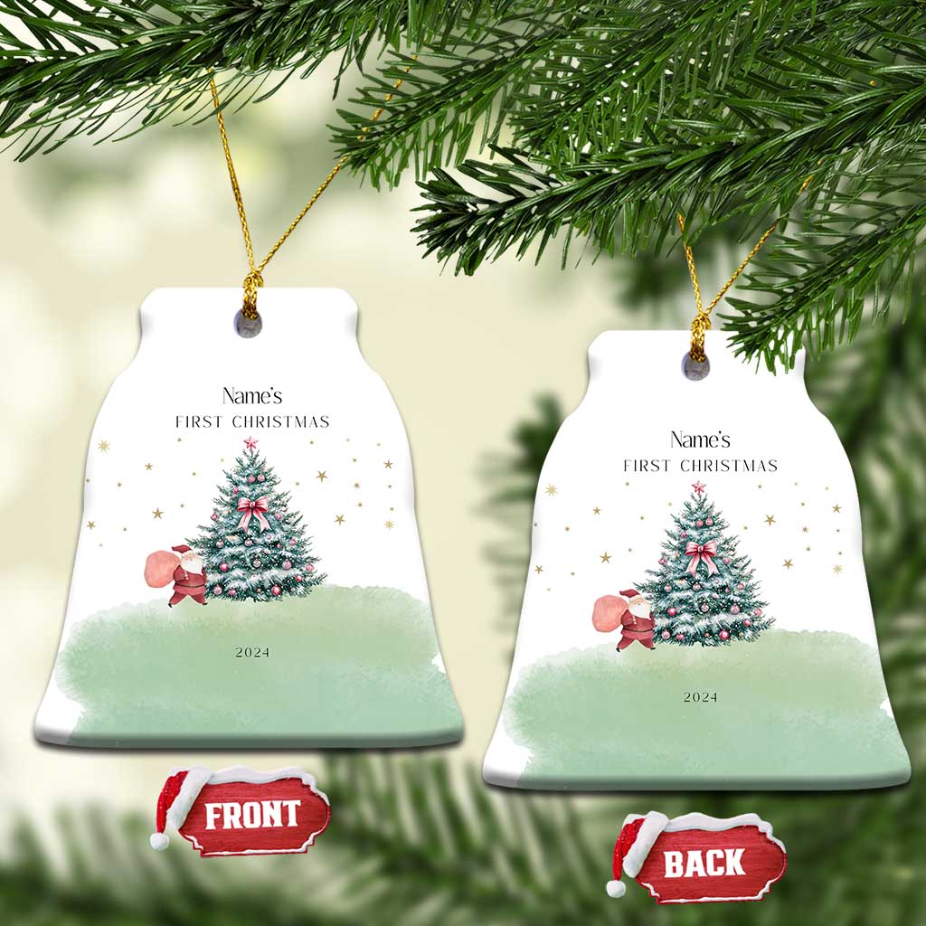 Personalized bell-shaped baby’s first Christmas ornaments (front and back) with tree and Name’s, 2024