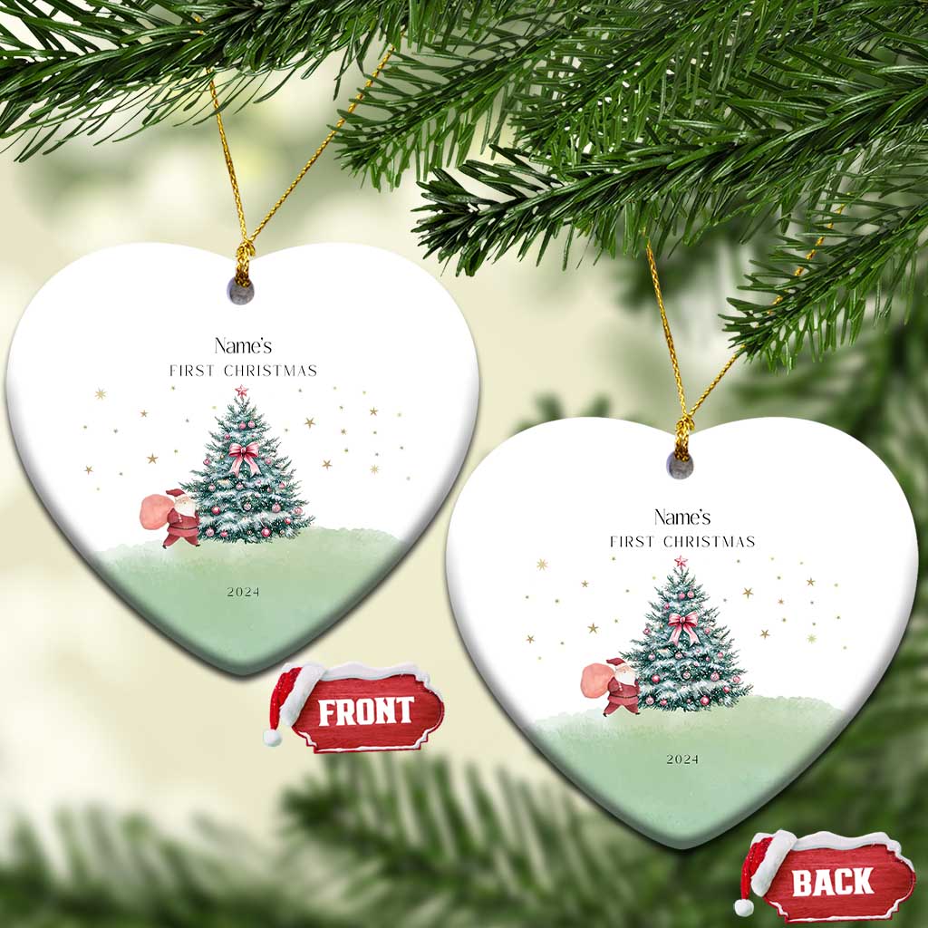 Personalized heart-shaped baby’s first Christmas ornaments (front and back) with tree and Name’s, 2024