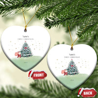 Personalized heart-shaped baby’s first Christmas ornaments (front and back) with tree and Name’s, 2024