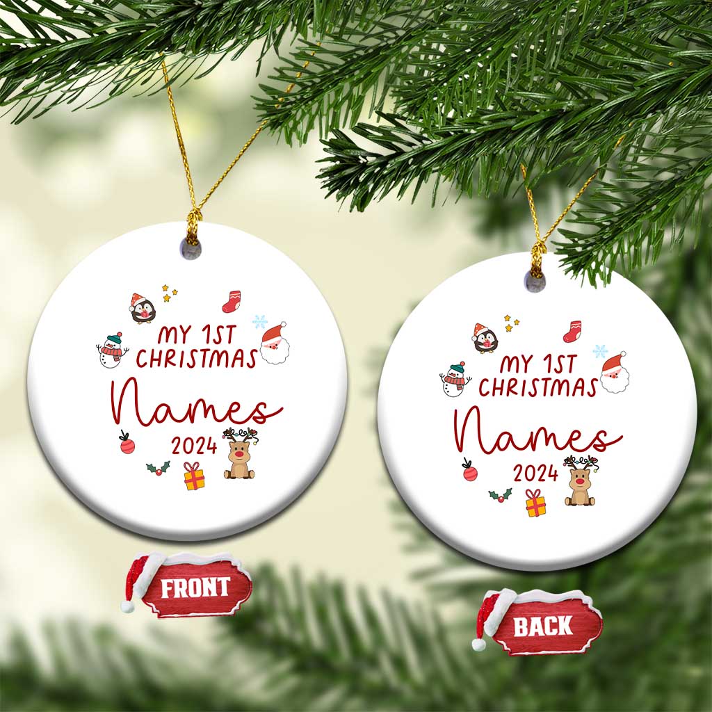 Pair of white round Christmas ornaments on a tree, 'My 1st Christmas Names 2024' text.