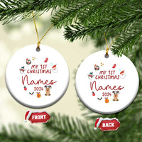 Pair of white round Christmas ornaments on a tree, 'My 1st Christmas Names 2024' text.