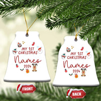 White bell-shaped Christmas ornament with gold hanger; 'My 1st Christmas Names 2024'.