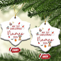 Pair of white heart-shaped Christmas ornaments with gold hangers, 'My 1st Christmas Names 2024'.