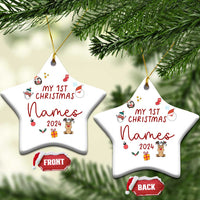 Two white star-shaped Christmas ornaments with gold hooks; 'My 1st Christmas Names 2024'.