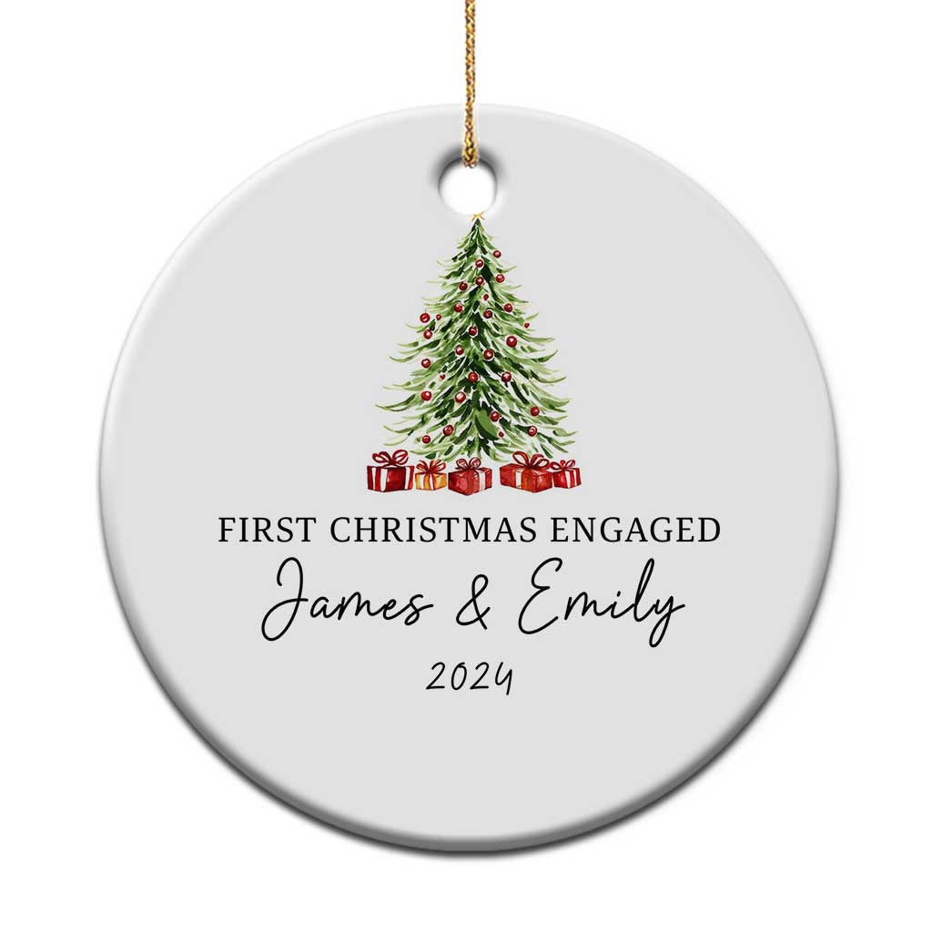 Personalized round Christmas ornament with tree graphic and text "James & Emily 2024"