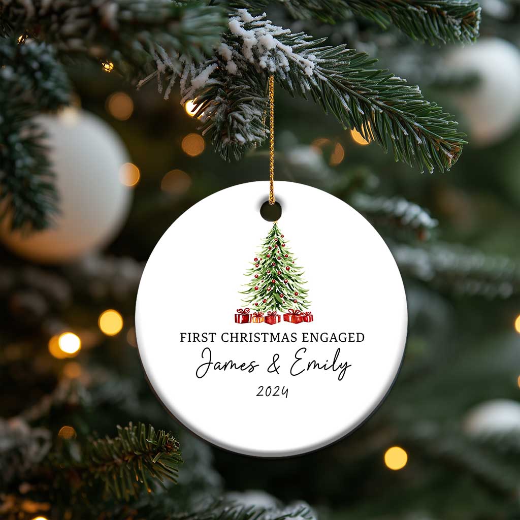 Round personalized Christmas ornament hanging from a gold string, tree graphic and "2024"