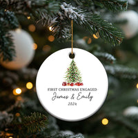 Round personalized Christmas ornament hanging from a gold string, tree graphic and "2024"